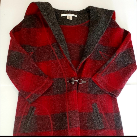 Max Studio Jackets & Blazers - Nwt Max Studio wool blend red & gray plaid coat 3/4 sleeves with hood size L